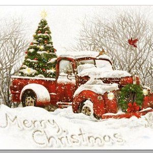 Pillow Cover-NEW-Christmas Country Winter Red  Truck- 18x18"- Canvas Has…
